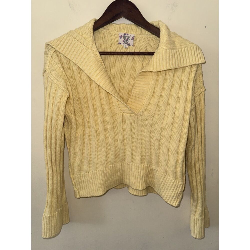 Hippie Rose Light Yellow Ribbed Sailor Collar V-Neck Knit Sweater M